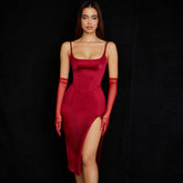 Cocktail-Midikleid mit hohem Schlitz - Rot